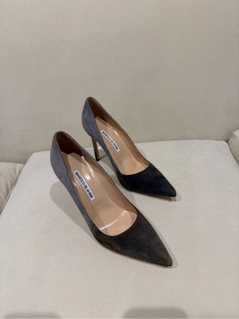 Manolo Blahnik Black and Gray Suede Pointed-Toe Pumps